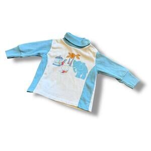 Vintage 60s Blue and White Zoo Baby Turtleneck Long Sleeve